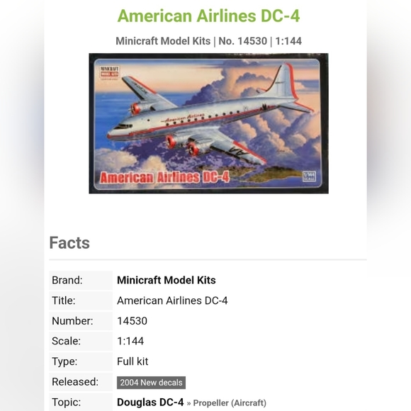 Minicraft Model Airplane Kit American Airlines DC-4 Mini Decals 1:144 - Picture 2 of 14
